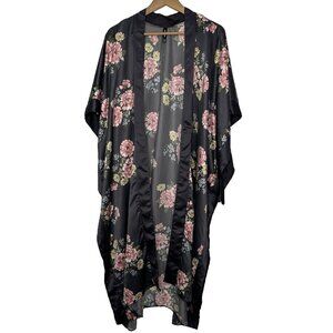 Torrid Robe Kimono One Size Slate Grey Floral satin side tie cardigan